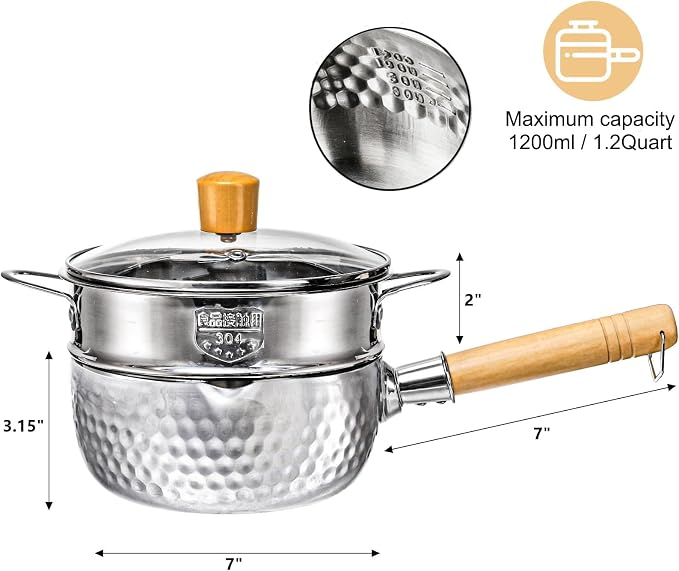DEAYOU Stainless Steel Saucepan with Steamer, 1.2 Quart Yukihira Sauce Pan with Lid, Traditional Japanese Small Cooking Pot with Wood Handle and Two Side Spouts for Milk, Ramen, Soup, Tempura, 7"