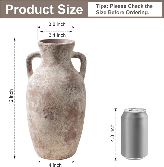 Ceramic Flower Vase with Handles,12" Neutral Tall Clay Terracotta Vases Farmhouse Table Vases with Handle Living Room Decor Rustic Pottery Pots for Home Shelf Coffee Dining Desk Fireplace