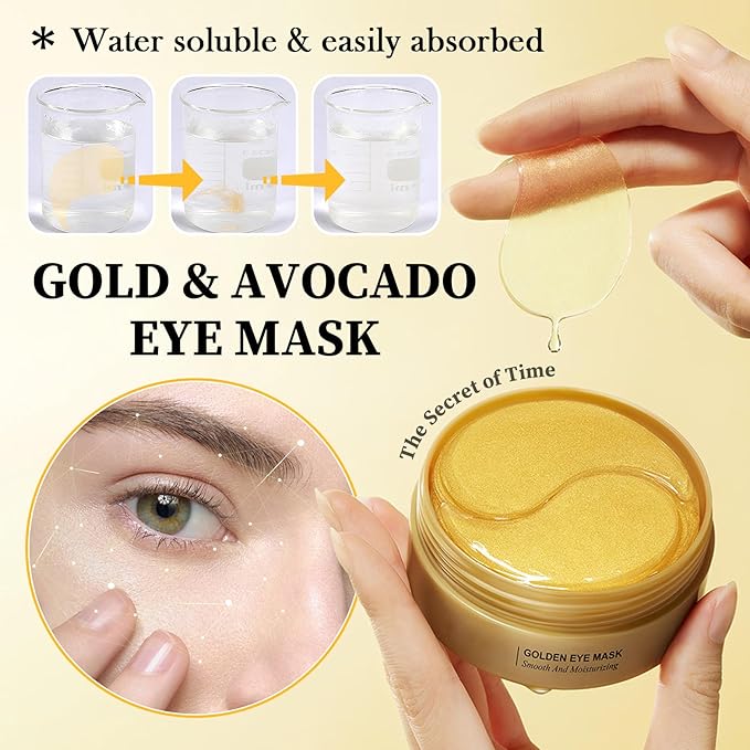 Avocado Golden Under-Eye Mask Skincare 60-Pair Set, Moisturizing, Non-Greasy Patches for Women and Men, Travel-Size, Long-Lasting, Refreshing Eye Care Gel Pads Gift Set