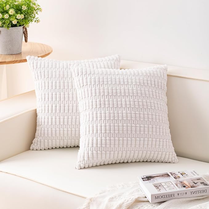 Aegero Pack of 2 Corduroy Decorative Throw Pillow Covers 18x18 Inch,White | Fall Soft Striped Pillow Covers Modern Farmhouse Home Decor Christmas Throw Pillow Covers for Sofa Living Room Couch Bed