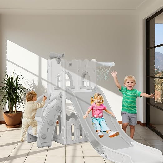 6 in 1 Toddler Slide,Kids Climber Slider for Indoor Outdoor Playground with Basketball Hoop,Storage and Telescope,L Shaped Slide for Toddler Climber Playset
