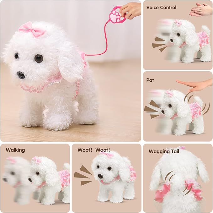 OR OR TU Walking Barking Toy Dog with Remote Control Leash, Plush Puppy Electronic Interactive Toys for Kids, Shake Tail,Pretend Dress Up Realistic Stuffed Animal Dog Age 3 4 5 6+ Years Old Best Gift