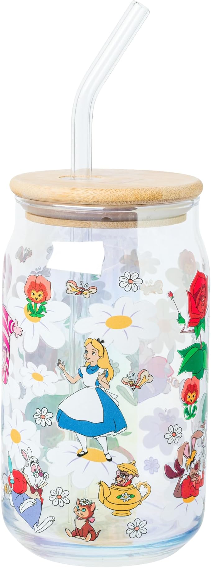 Silver Buffalo Disney Alice in Wonderland Wild Flower Glass Tumbler with Bamboo Lid and Glass Straw Featuring Alice, White Rabbit, Cheshire Cat, Dinah, Dormouse, and March Hare, 16 Ounces