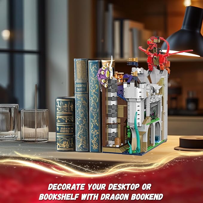 Red Dragons Medieval Castle Book Nook Building Set, Unique Bookend for Bookshelf & Home Decor, Compatible with Lego Adults, Dragon Toy Gift for Kids Boys 8-14 (1234 PCS)