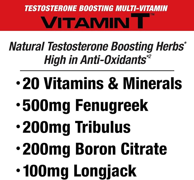 MuscleMeds Vitamin T Daily Complete Multivitamin for Men Enhances Testosterone Muscle Building Sexual Performance 20 Vitamins Minerals Fenugreek Tribulus Longjack, Brown, 90 Count