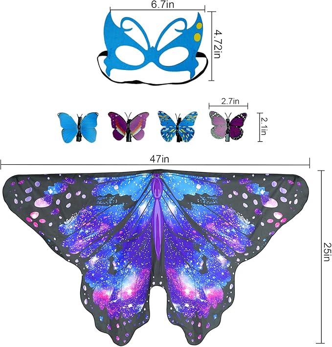 Butterfly Costume for Girls Fairy Wings Kids 4 Pcs(Cape,Skirts,Masks,Hair Clips) Butterfly Wings for Halloween Gifts (Starry Sky Blue)