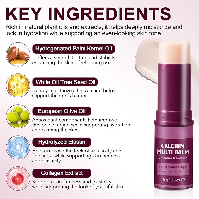 Calcium Volume Multi Balm Stick - Solid Skincare Stick with Calcium & Collagen, 72H Anti-Aging Moisturizer for Face, Neck, Décolleté to Firm Skin & Reduce Wrinkles, Portable Balm, 1PC