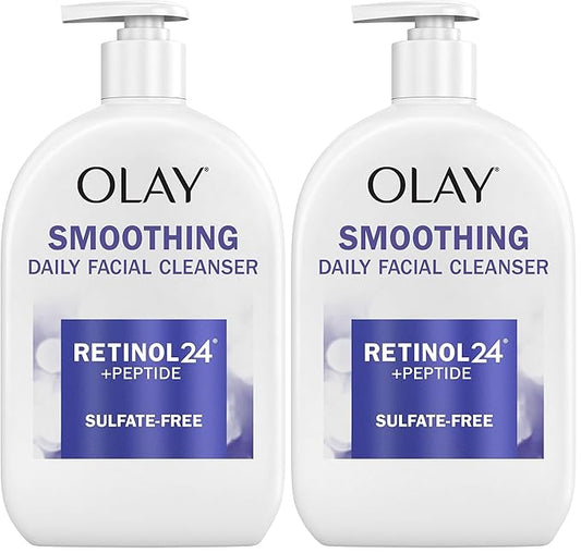 Olay Face Wash,Daily Facial Cleanser with Retinol,Peptides & Glycerin - Smoothing,Noursihes Skin Surface,Hydrates while Cleansing - Sulfate-Free,Paraben-Free,16 Oz,(Pack of 2)