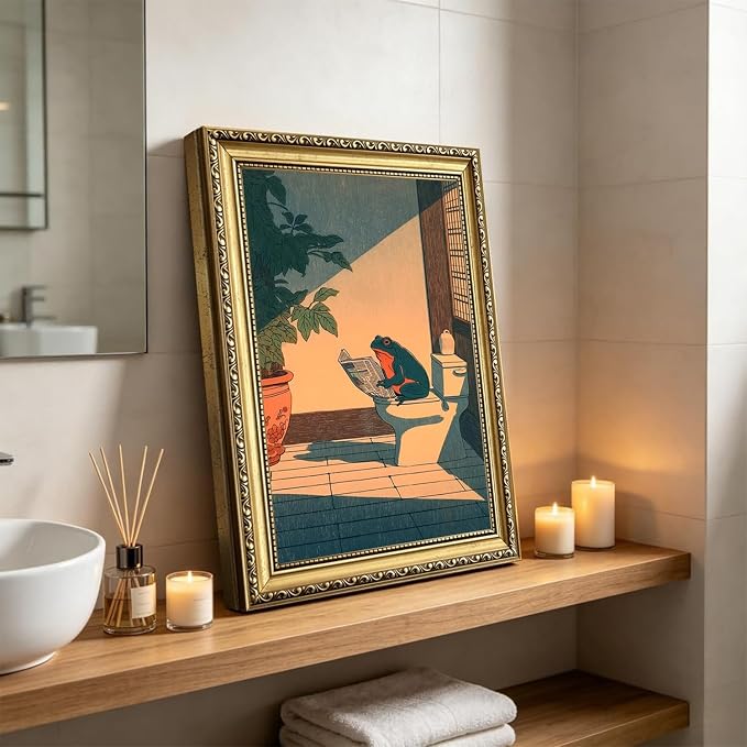 Funny Frog Bathroom Wall Art, Cute Japanese Frog in Toilet Wall Decor, Whimsical Green Animal Restroom Poster Canvas Painting Prints Artwork 12x16 inch Gold Framed