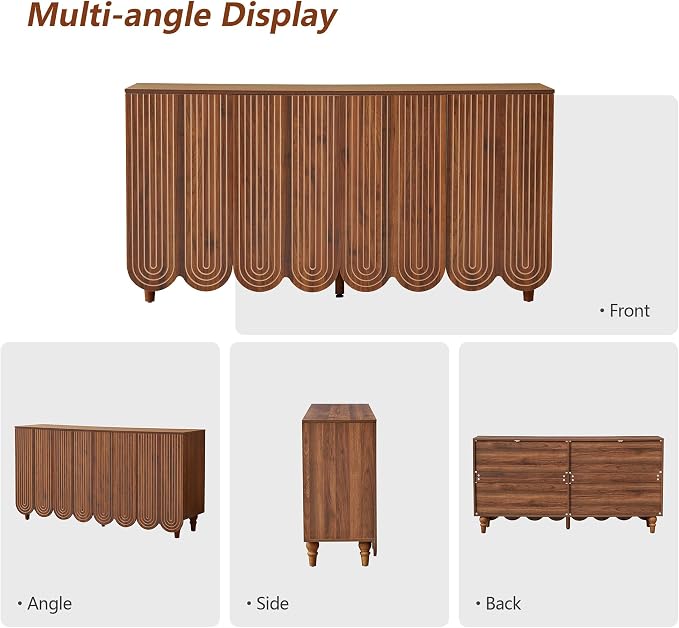 weselon Buffet Cabinet Set of 2, Arched 4-Door Sideboard with Adjustable Shelves, Push-to-Open & Soft-Close Hinges, Solid Wood Legs Storage Cabinet for Coffee Bar TV Console (Walnut)