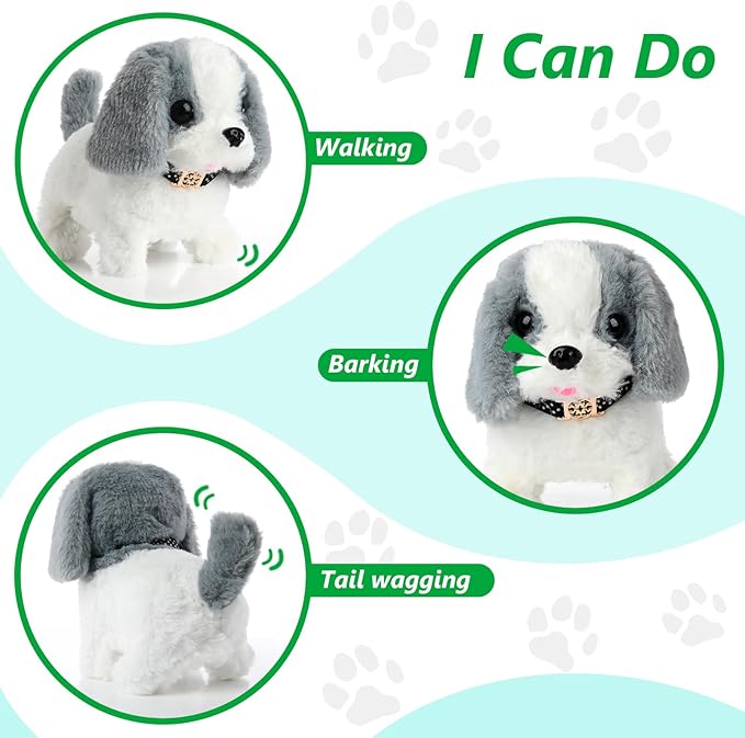 Electronic Interactive Plush Puppy - Battery Operated Mechanical Walking Little Pet Dog with a Cute Bag, Barking, Tail Wagging, Stretching Companion Animal for Toddlers & Kids (Grey)
