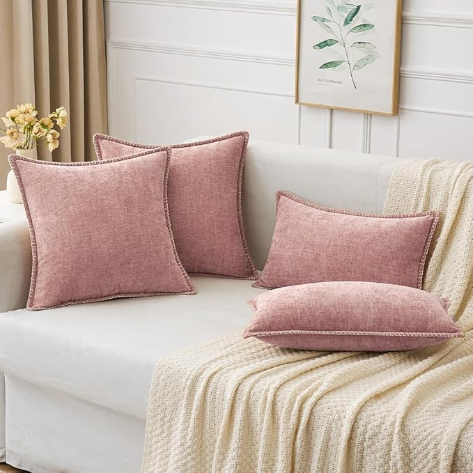 MIULEE Decorative Couch Throw Pillow Covers 18x18 Inch Blush Pink 2 Pack | Farmhouse Pillow Covers with Stitched Edge, Soft Chenille Cushion Cases, for Sofa Bed Living Room Home Decor
