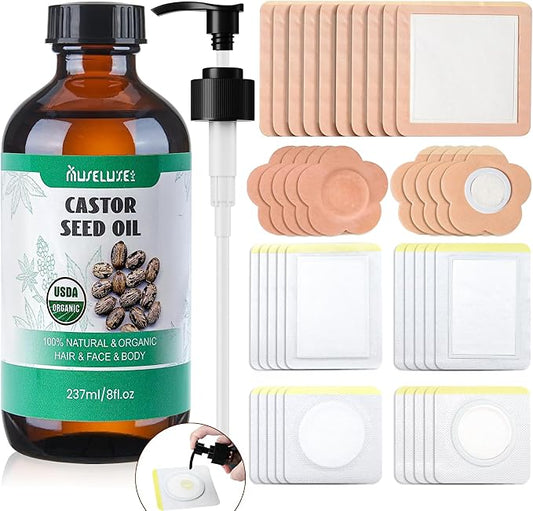 40 Pcs Castor Oil Patches with Castor Oil Organic Cold Pressed Unrefined Glass Bottle(8oz),Cotton Caster Oil Pack Wrap for Waist Back Neck Arm Belly,Self-Adhesive for Convenient Use