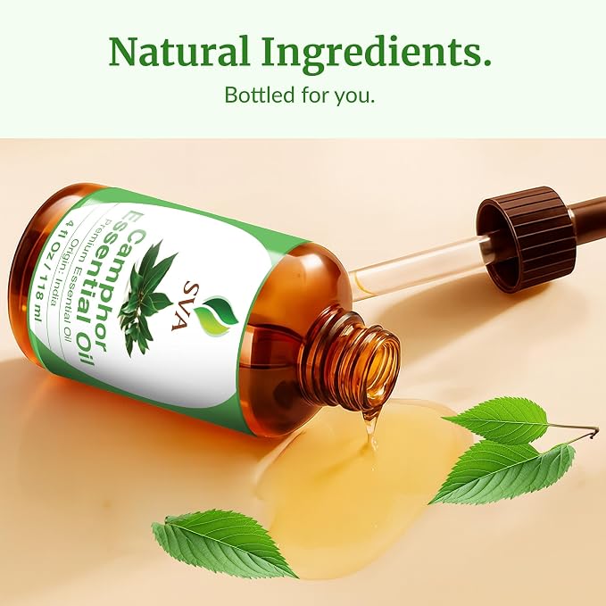 SVA Camphor Essential Oil 4 Fl Oz – for Diffuser, Skin & Hair Care – Ideal for Massage & DIY Blends – with Dropper