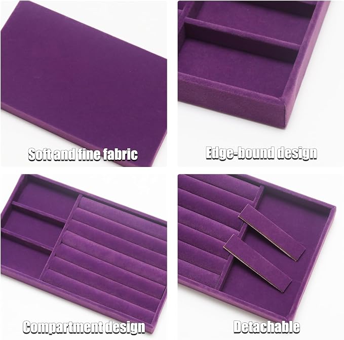 Velvet Jewelry Trays for Drawers, Purple, 2-in-1 | Stackable Jewelry Drawer Organizer, Ring Earring Necklace Bracelet Holder Organizer Display Tray with Removable Divider
