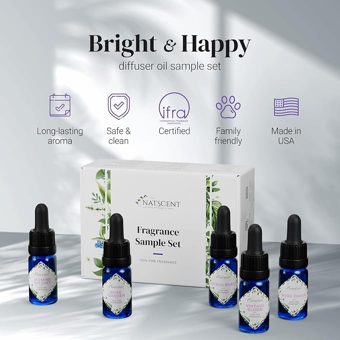 Fragrance Oil Set, Bright & Happy Fragrance Oils for Diffusers for Home, Hotel Collection Diffuser Oil Set: Jasmine Delight, Rose Garden, Citrus Burst, Vintage Bloom, Good Cheer 5 x 0.33oz