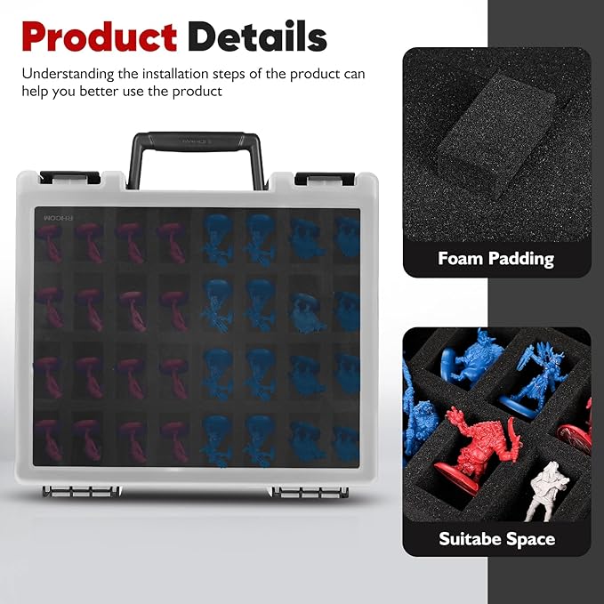 RISOU Sturdy Miniature Figure Storage Carrying Case for Standard Sized Figures - 128 Slot Miniature Figure Box Compatible with 40k,D&D and More.(CASE ONLY)