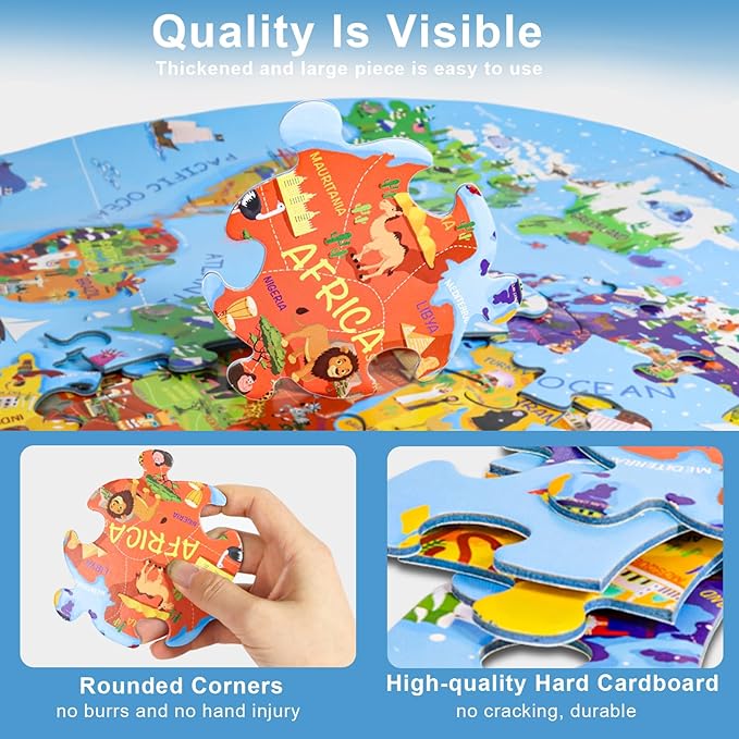 World Map Jigsaw Puzzle for Kids 4-8, 70 Piece Large Round Floor Puzzles for Kids Ages Toddler Puzzle Globe Geography Games Educational Toys Birthday for Children