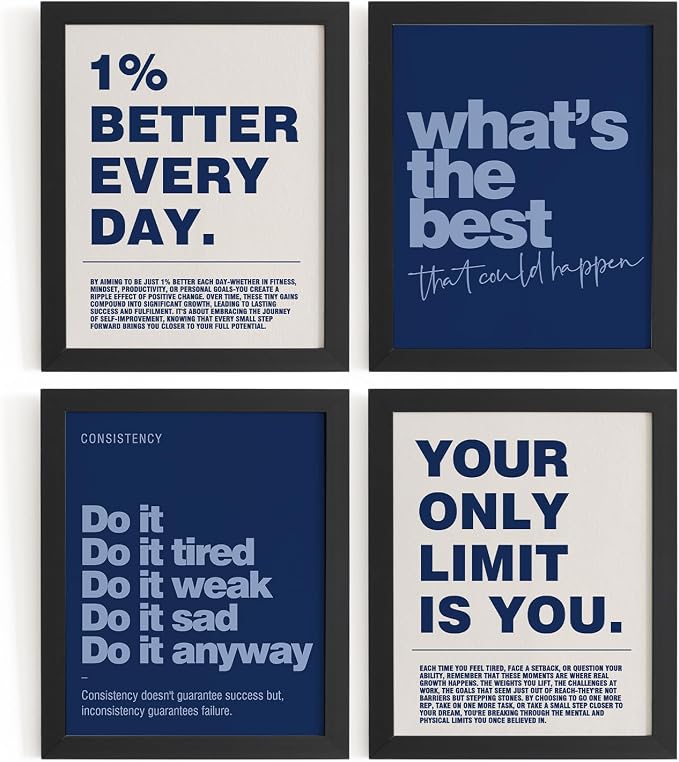 DSHFG Motivational Inspirational Office Wall Art Decor Prints 4Pcs | Navy Blue Office Motivational Wall Decor Trendy Retro Positive Affirmations Quotes Wall Decor Posters, 8x10 Unframed
