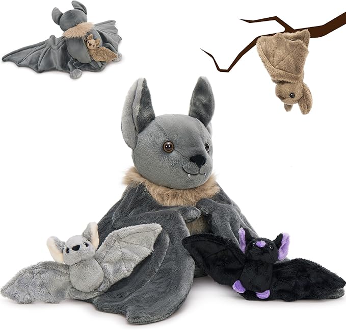 Tezituor 4Pcs Realistic Goth Bat Stuffed Animals Set, 32inch Large Mommy Stuffed Bat with 3 Cute Babies for Boys Girls, Hugging Soft Gothic Bats Plush Toy Gift for Halloween Christmas Party