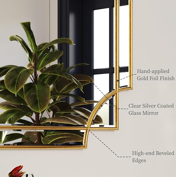 Kelly Miller 24"x58" Gold Foil Scalloped Edge Decorative Full Length Mirror | Hand-Applied Gold Foil Finish. HD Mirror With French Cleat. Elegant Beveled Wall Mirror Decor For Bathroom Bedroom Entryway.