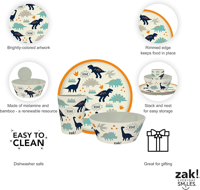 Zak Designs Kids Dinnerware Set 3 Pieces, Durable and Sustainable Melamine Bamboo Plate, Bowl, and Tumbler are Perfect For Dinner Time With Family (Zaksaurus)