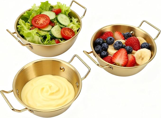 3Pcs Stainless Steel Sauce Dishes with Handles, Korean Golden Dipping Bowls | Small Metal Dipping Bowl, Korean Ramen Bowl, Mini Soup Bowl Stackable Appetizer Plates for Sushi BBQ Appetizer Seasoning