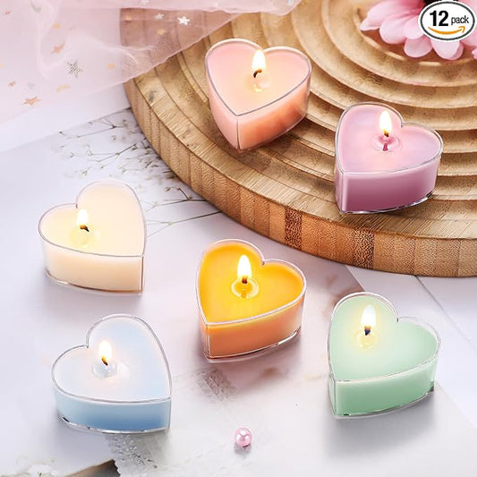 Honoson 12 Pack Valentine's Day Heart Tea Lights Candles Heart Tea Light Natural Wax Scented 6 Scents Conversation Candles for Spring Easter Wedding Engagement Gifting Aromatherapy Anniversary Decor