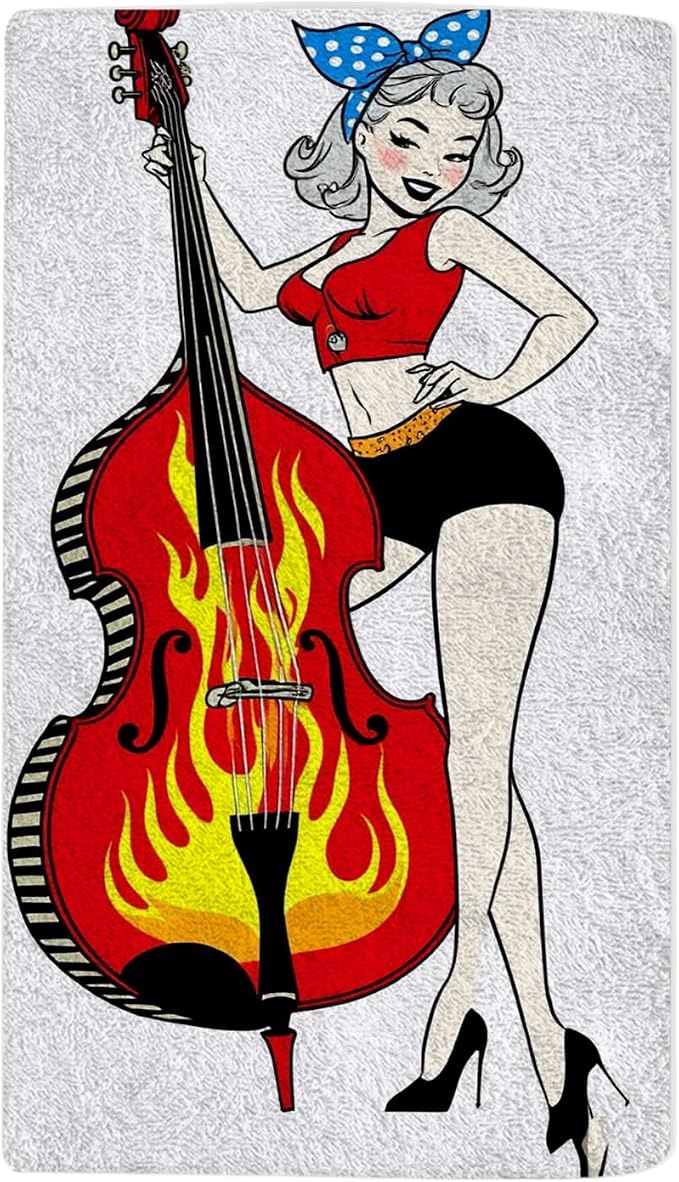 Rockabilly Pinup Girl Hand Towel Playing Double Bass with Flames Face Towels Suit Travel Sports Pool Swimming Bath Camping Spa Gym Yoga,15x30 Inch