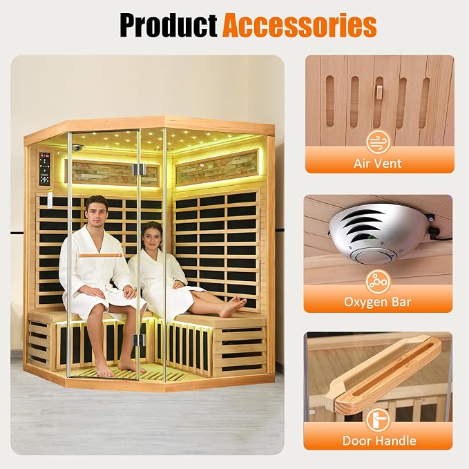 Infrared Sauna for Home 4 Person Indoor Sauna Hemlock Wood Corner Saunas 240V 2595W with Red Light, Oxygen Bar, Bluetooth Speakers