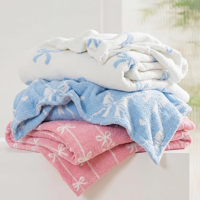 Soft Throw Blanket for Couch-Cozy Reversible Knitted Blankets | Lightweight Warm Fluffy Decor for Women, Mom, Her & Girls, Sofa, Chair, Bed, 50x60in, Blue Bow