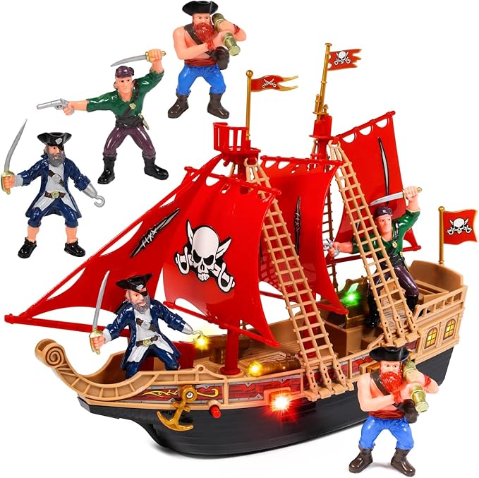 Kids Light Up Pirate Ship Adventure Toy Real Sounds, Red