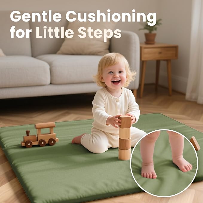 Huloo Sleep Baby Play Mat 50x50 Inches, 1.3" Thick Padded Waterproof Floor Cushion & Playpen Mat with Vegan Leather, Non-Slip & Non-Toxic Nursery Rug for Infants, Toddlers & Kids(Green)