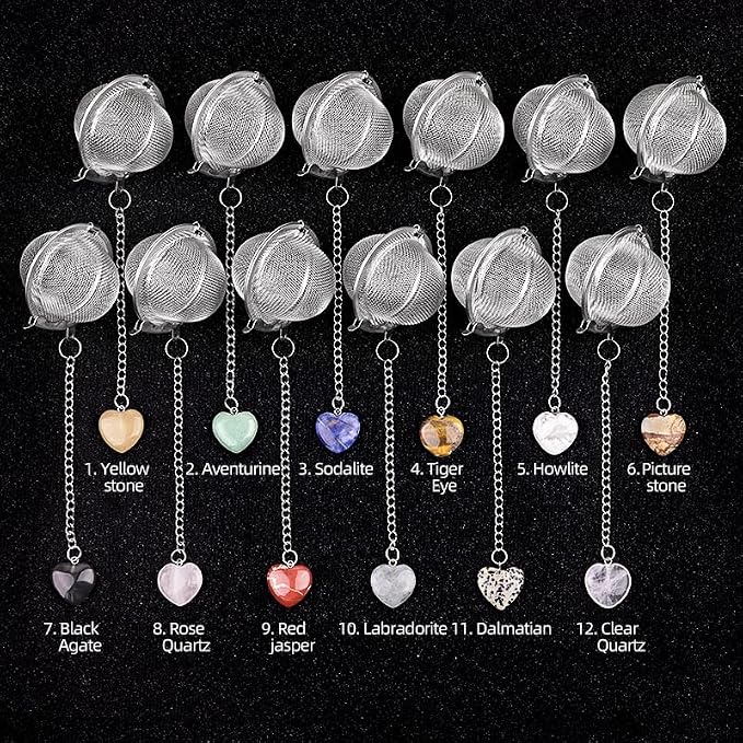 5 Pcs Stainless Steel Tea Ball Infusers with Heart Natural Crystal Charms, Fine Mesh Tea Strainers with Extension Chain & Hook for Loose Leaf Tea, Spices, Seasonings