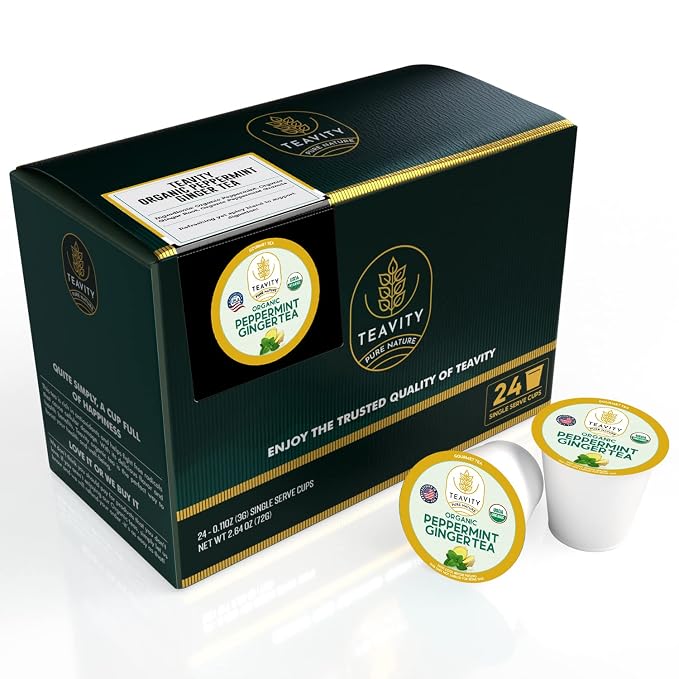 Teavity Organic Peppermint Ginger Tea Pods for Keurig - Decaf, 24 Count