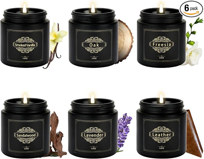 Scented Candles Gift Sets for Men, 6 Pack Soy Candles for Home Scented, Dad Gifts for Fathers Day, Boyfriend, Men Candles Sets Scents of Lavender/Oak/Sandalwood/SmokedVanilla/Leather/Freesia