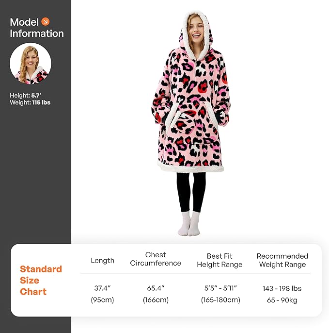 Giggling Getup Wearable Blanket Hoodie for Adults Gifts for Teen Girls Sister Women Sherpa Fleece Printed Hooded Blanket Sweatshirt Warm Cozy with Pocket & Sleeves Pink Leopard