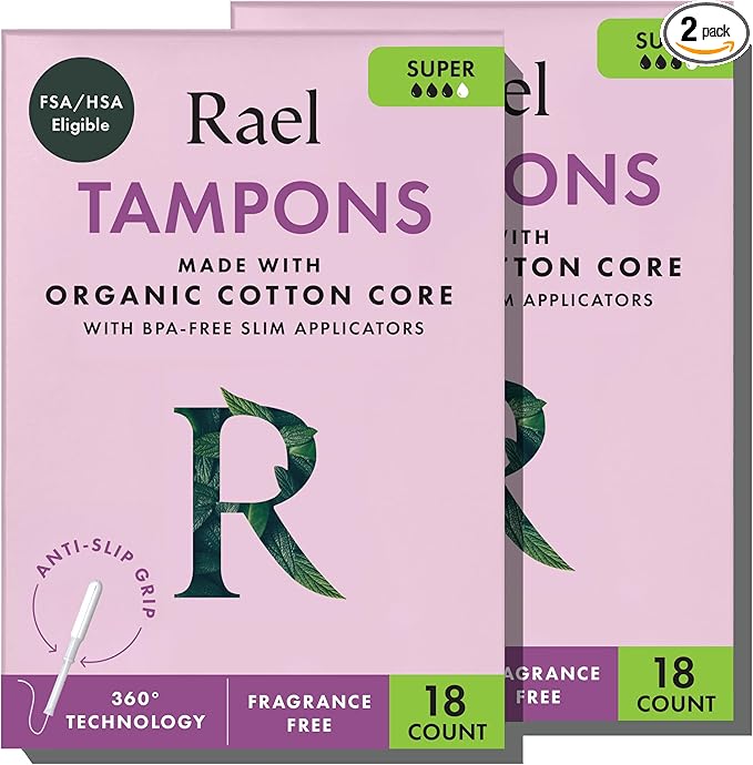 Rael Tampons, Slim Applicator with Organic Cotton Core, Super Absorbency, BPA-Free, Leak Locker Technology, Unscented, Chlorine-Free (36 Count, Super)