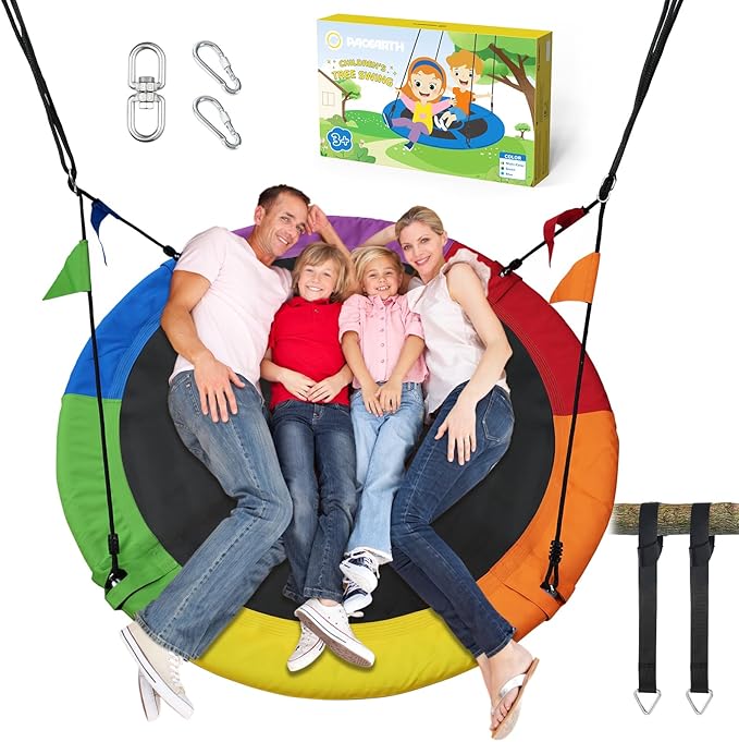 PACEARTH 60” Tree Swing for Kids & Adults Outdoor Saucer Swing 60-Inch Diameter 900D Oxford Fabric Splash and UV Resistant Heavy Duty 900LBS Weight Capacity with Tree Straps and 360° Swivel