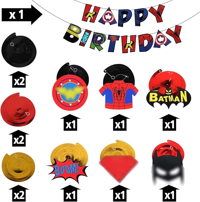 LINGTEER Superhero Decorations Set - Happy Birthday Bunting Banner Superhero Hanging Swirls Streamers Action Sign Perfect for Kids Birthday Party Decorations.