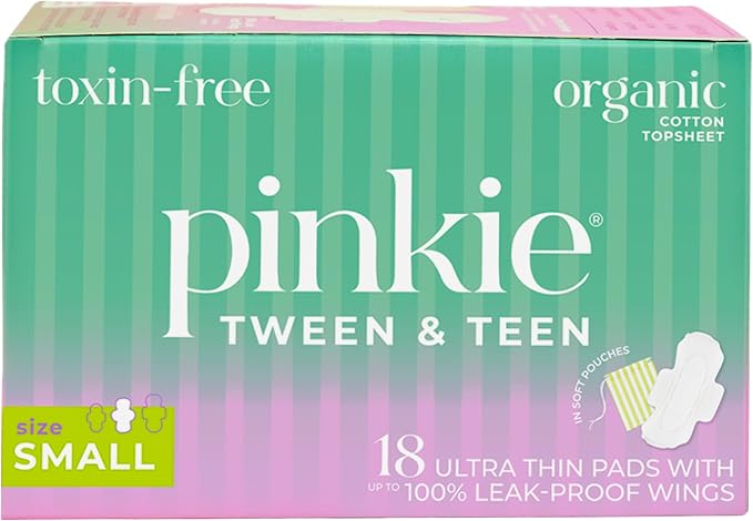 Pinkie Period Starter Pads - Designed for Smaller Underwear - Organic Cotton Topsheet Tween & Teen Pads with Wings - Chlorine Free & Fragrance Free - Teen Small, 18 Count