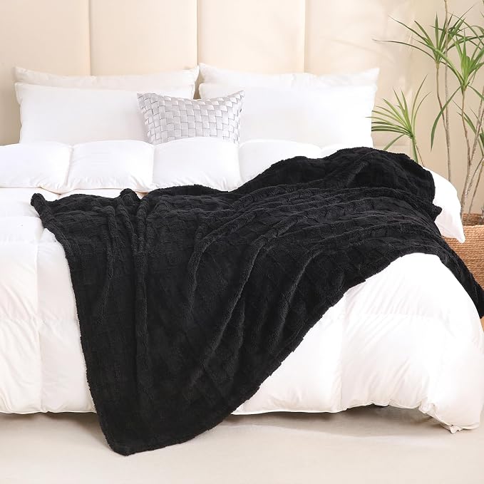 Black Fleece Throw Blanket 90”×90”Checkered Design for Couch Sofa | Super Soft Cozy Plush Microfiber 3D Square Pattern Flannel Blanket for Bed Lightweight for Adults,Women