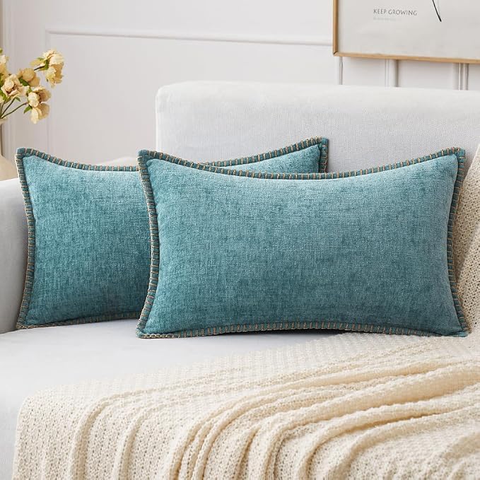 MIULEE Decorative Lumbar Throw Pillow Covers 12x20 Inch Aqua Blue 2 Pack | Farmhouse Pillow Covers with Stitched Edge, Soft Chenille Cushion Cases, for Couch Sofa Bed Living Room Home Decor
