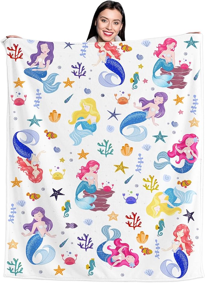 Wajade Kids Mermaid Blanket for Girls Soft Fleece Blanket for Couch Sofa Bedroom Mermaid Marine Life Throw Blanket for Kids Teens 50"x60"