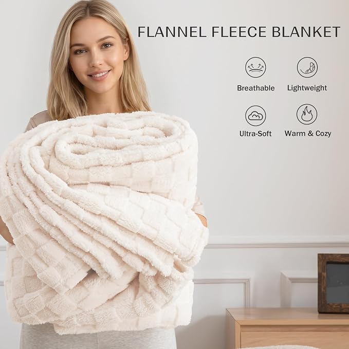 Exclusivo Mezcla 3D Checkered Fleece Throw Blanket for Couch, Ivory | Super Soft and Cozy Fluffy Throw, Lightweight and Breathable, Cute Fuzzy Blanket for Sofa, Home Decor, All Season, 50"x60"