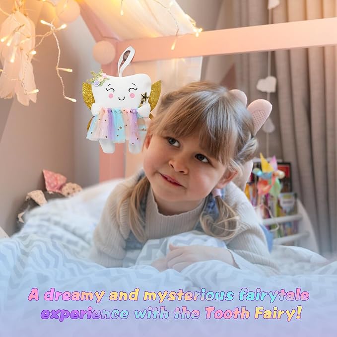 Tooth Fairy Pillow with Shiny Wings Embroidered Tooth Fairy Doll with Pocket Crystal Velvet Tooth Fairy Souvenir Boy Girl Gift (White) (Second Edition)