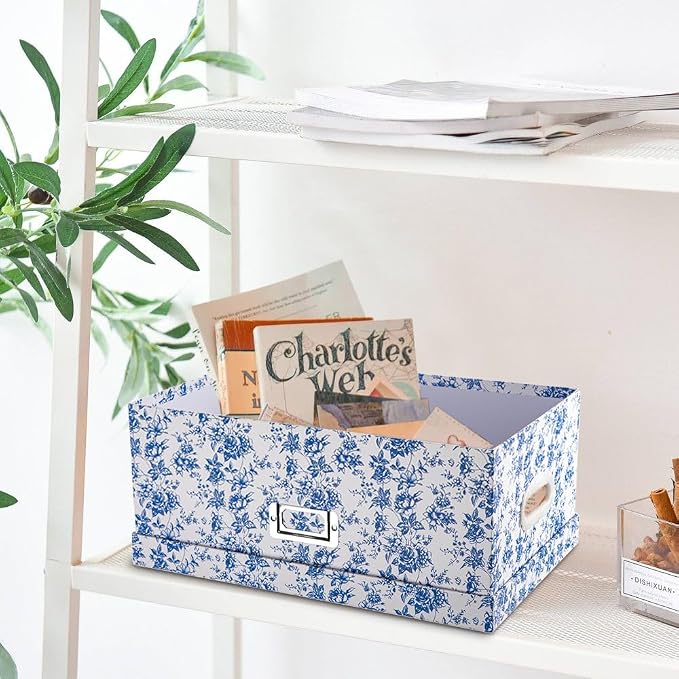Briful Set of 2 Blue and White Porcelain-Style Storage Boxes with Lids – Elegant Floral Nesting Organizer Bins, 14'' + 13'' Set Decorative Cardboard Gift Boxes for Home or Office Use
