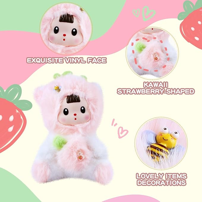 Kawaii Plush Doll, Stuffed Animals with Vinyl Face Pink Strawberry Cat Shaped for Girls Boys Kids Lovers, 7 inches Kawaii Vinyl Plush Pendant Cute Figurines Gifts for Collectibles Home Decor Birthday