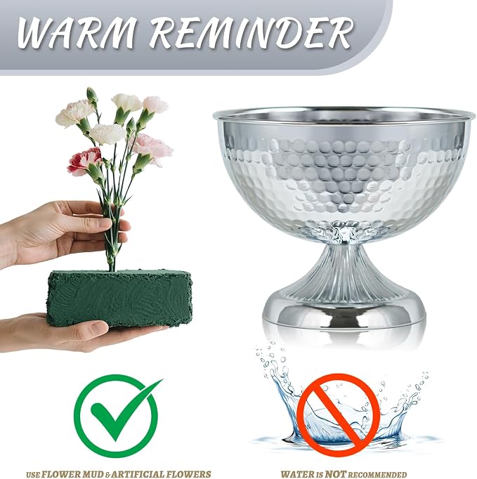 Metal Urn Vases for Centerpieces - 6.3" Tall Flower Pot Planters, Wedding Table Decor, Party Reception, Home Floral Arrangement (2, Silver)