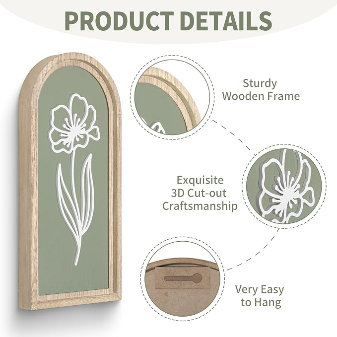 Sage Green 3D Wooden Floral Wall Art Set of 2, Arched Bathroom Wall Decor | Raised white floral cutouts in arched wood frames; ready-to-hang boho botanical decor for bedrooms, hallways and entryways